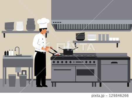 a chef prepares food in a large kitchen with professional equipment 129846266
