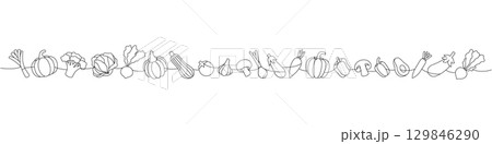 Vegetables set one line continuous drawing. Tomato, garlic bulb, mushroom, avocado, pumpkin, broccoli, cabbage, zucchini, onion, radish, eggplant 129846290