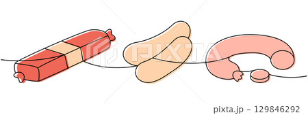 Salami sausage, fat sausages, chorizo sausage one line colored continuous drawing. Meat products. Vector illustration Salami sausage, fat sausages, chorizo sausage one line colored continuous drawing. Meat products. Vector illustration 129846292