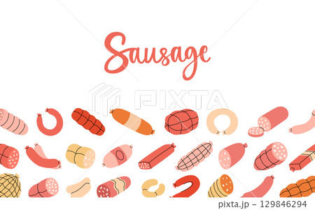 Sausages horizontal banner. Fresh raw sausages. Butchery menu design template for food market, ecommerce, products promotion. Vector illustration. Sausages horizontal banner. Fresh raw sausages. Butchery menu design template for food market, ecommerce, products promotion. Vector illustration. 129846294