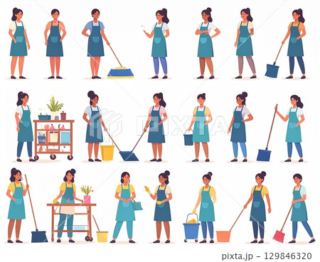 さまざまな家事ポーズをとる女性キャラクター、柔らかい色調、親しみやすい雰囲気、背景は白 129846320