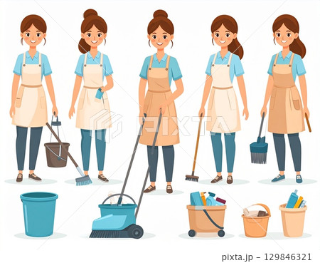 さまざまな家事ポーズをとる女性キャラクター、柔らかい色調、親しみやすい雰囲気、背景は白 129846321