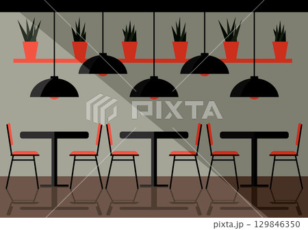 stylish cafe interior, partially lit from window 129846350