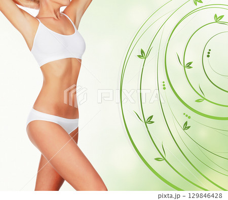 Slim woman in white underwear, green floral background Slim woman in white underwear, green floral background 129846428