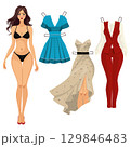 paper doll with a set of clothes. evening dress, short dress, blouse and skirt. vector illustration 129846483