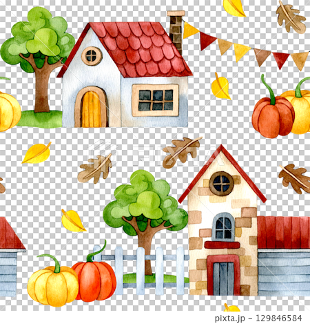 seamless pattern with cute autumn houses and pumpkins. children illustration, cartoon 129846584