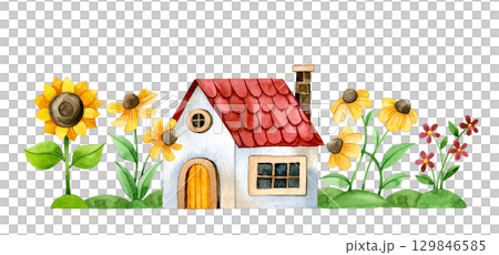 border with cute autumn houses and sunflowers. children illustration, cartoon border with cute autumn houses and sunflowers. children illustration, cartoon 129846585