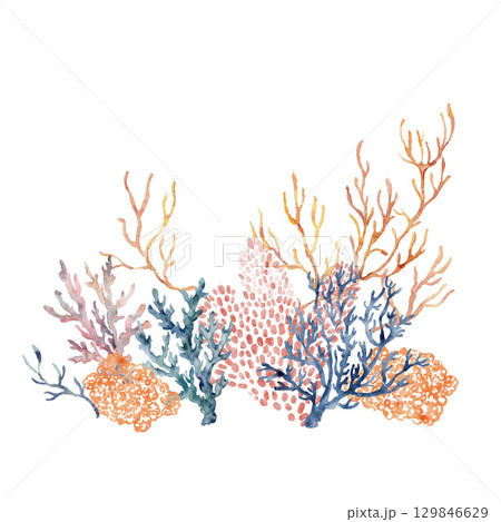 Watercolor ocean coral composition of red, green and blue branches. Underwater plant illustration isolated on white background. For design, prints, fabric or background. Watercolor ocean coral composition of red, green and blue branches. Underwater plant illustration isolated on white background. For design, prints, fabric or background. 129846629