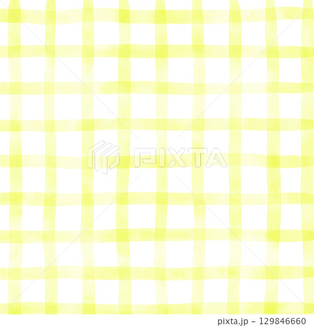 Yellow White Plaid Gingham Madras Check Hand Drawn Background Pattern Overlay 129846660