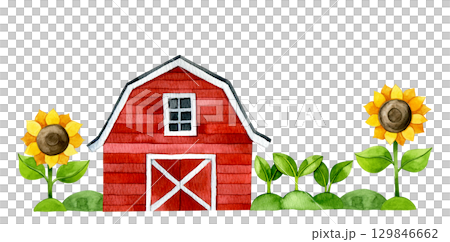 watercolor border with red farm barn, sunflowers and plants. children illustration, cartoon 129846662
