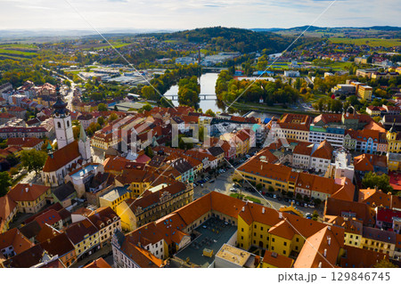 Panoramic view from the drone on the city Pisek. Czech Republic Panoramic view from the drone on the city Pisek. Czech Republic 129846745