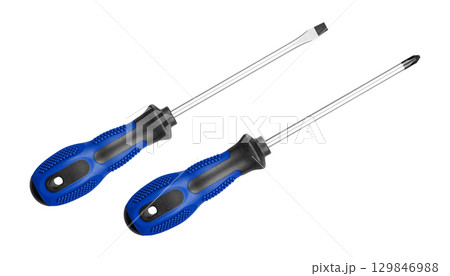Two Screwdrivers Flat and Phillips for Repair and Maintenance blue color on isolated background 129846988