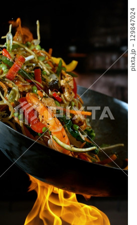 Freeze Motion of Flying Asian Wok Ingredients with Fire Flames 129847024