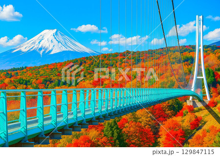 三島スカイウォークと空中散歩　秋の富士山と大吊橋と青空 129847115