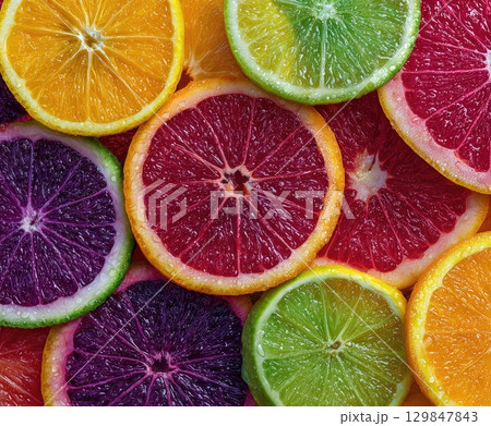 Vibrant collection of sliced citrus fruits showcasing a variety of textures and colors for culinary inspiration 129847843