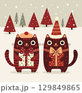 Cute Christmas cats with gifts in winter forest. Vector illustration 129849865