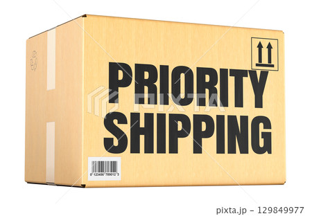 Priority Shipping concept with parcel, cardboard box. 3D rendering Priority Shipping concept with parcel, cardboard box. 3D rendering 129849977
