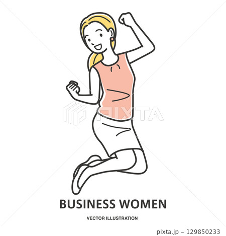 喜びで飛び跳ねる若い女性会社員の全身イラスト 喜びで飛び跳ねる若い女性会社員の全身イラスト 129850233