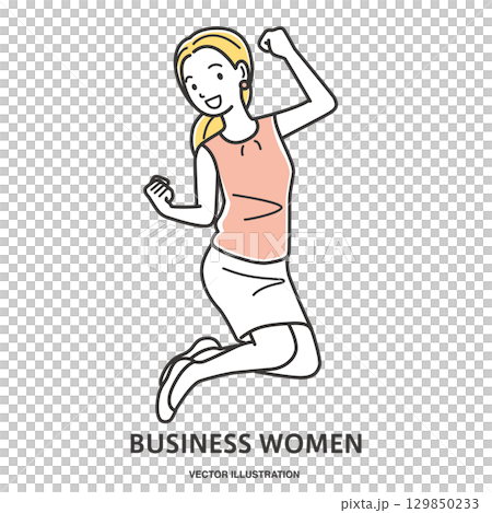 Full-body illustration of a young female office worker jumping with joy 129850233