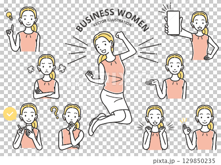 Illustration set of facial expressions and gestures of female office workers 129850235