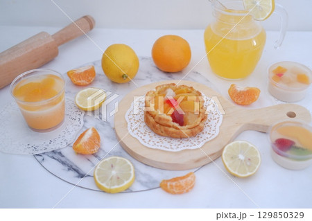 Tropical Fruit Dessert in Soft Pastel Setting 129850329
