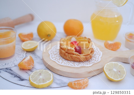 Tropical Fruit Dessert in Soft Pastel Setting 129850331