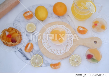 Tropical Fruit Dessert in Soft Pastel Setting 129850340