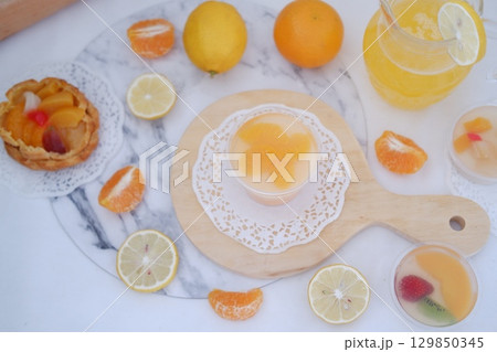 Tropical Fruit Dessert in Soft Pastel Setting 129850345