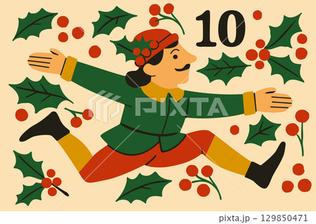 Ten lords a-leaping. The twelve days of Christmas. English Christmas carol. Tenth day. Vector isolated illustration Ten lords a-leaping. The twelve days of Christmas. English Christmas carol. Tenth day. Vector isolated illustration 129850471