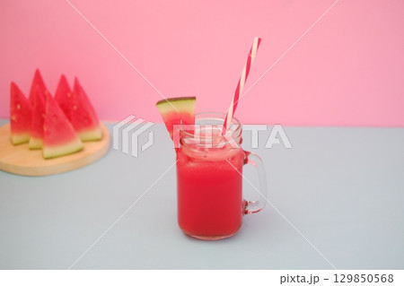 Summer Refreshment Watermelon Drink with Fruit Garnish 129850568