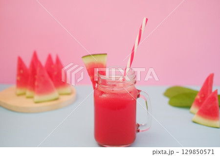 Summer Refreshment Watermelon Drink with Fruit Garnish 129850571