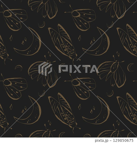 Mystical moths seamless pattern with moon stars in gold on black for home decor stationery fabric and wrapping paper Vector illustration Mystical moths seamless pattern with moon stars in gold on black for home decor stationery fabric and wrapping paper Vector illustration 129850675