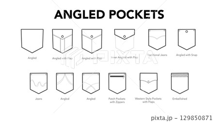 Set of Angled Pockets - Top-stitched jeans, Traditional with Tab, Snap Zipper text names technical fashion illustration 129850871