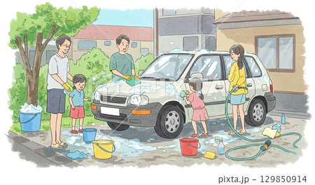 最高の思い出！家族みんなで楽しく洗車 129850914
