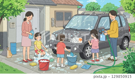 最高の笑顔を！家族みんなで協力して洗車 129850915