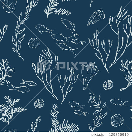 Vector ocean seamless pattern of linear coral reef, fish and animals. Underwater plant illustration isolated on blue background. For design, prints, fabric or background. 129850919