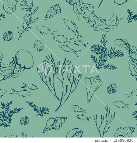 Vector ocean seamless pattern of linear coral reef and animals. Underwater plant illustration isolated on green background. For design, prints, fabric or background. Vector ocean seamless pattern of linear coral reef and animals. Underwater plant illustration isolated on green background. For design, prints, fabric or background. 129850920