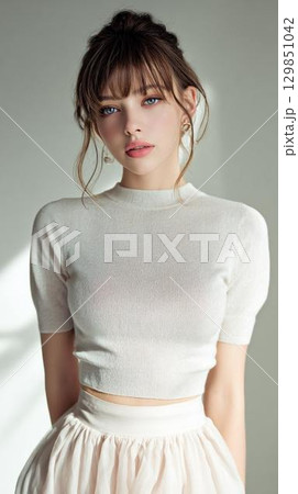 椅子に座るドレスの女性 129851042