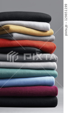 Neatly folded stack of soft T shirts and sweatpants evokes sense of comfort and order, showcasing vibrant colors and smooth textures creating pleasing aesthetic Neatly folded stack of soft T shirts and sweatpants evokes sense of comfort and order, showcasing vibrant colors and smooth textures creating pleasing aesthetic 129851199