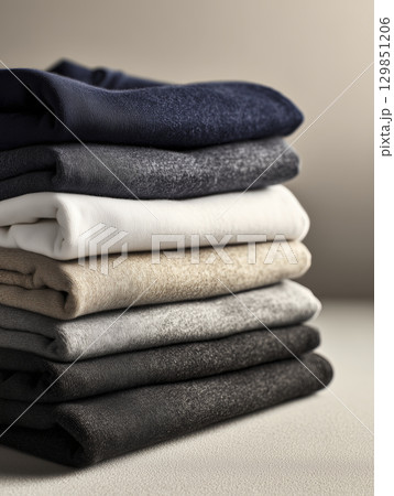 Neatly stacked collection of cotton sweatshirts in muted tones exudes comfort and warmth, creating visually soothing and cozy atmosphere 129851206