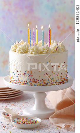 Colorful birthday cake with sprinkles and candles burning joyfully. delicious frosted cake sits invitingly, ready to be enjoyed for special celebration 129851405