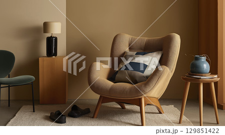 Beautifully designed mid century interior with an inviting armchair, elegant lamp, and stylish decor evokes sense of warmth and sophistication in this serene space Beautifully designed mid century interior with an inviting armchair, elegant lamp, and stylish decor evokes sense of warmth and sophistication in this serene space 129851422