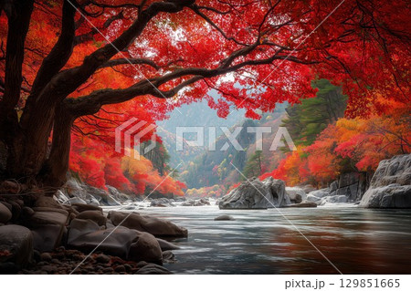 日本の秋の絶景・鮮やかな紅葉 129851665