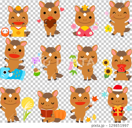 午年の12か月のイベントイラストセット 午年の12か月のイベントイラストセット 129851997