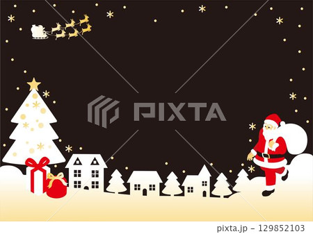 バナー　フレーム　クリスマス　アイソメトリック　サンタクロース　街並み　背景　デザイン　イラスト素材 129852103