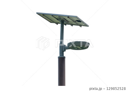 LED Street light poles with solar panels electrical power supplies are isolated on white background 129852528