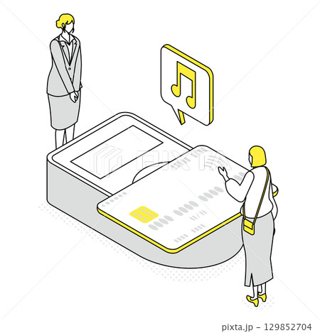 店頭でクレジットカード決済をする女性客のイラスト 店頭でクレジットカード決済をする女性客のイラスト 129852704