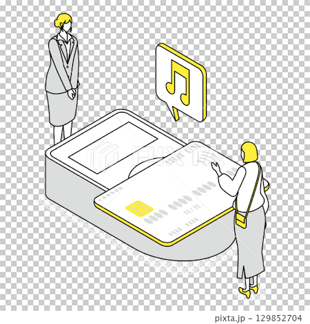 店頭でクレジットカード決済をする女性客のイラスト 店頭でクレジットカード決済をする女性客のイラスト 129852704