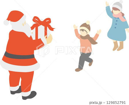 アイソメトリック　クリスマス　冬　サンタクロース　子供　キッズ　人物　男性　シンプル　イラスト素材 129852791