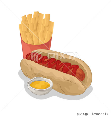Illustration of Hotdog with French Fries  129853315